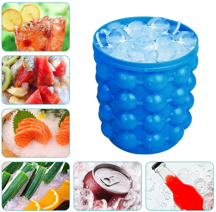 2-in-1 Silicone Ice Cube Maker & Ice Bucket | Portable Round Ice Tray Mold for Frozen Drinks, Whiskey & Cocktails | Space-Saving Ice Storage Container for Home & Party