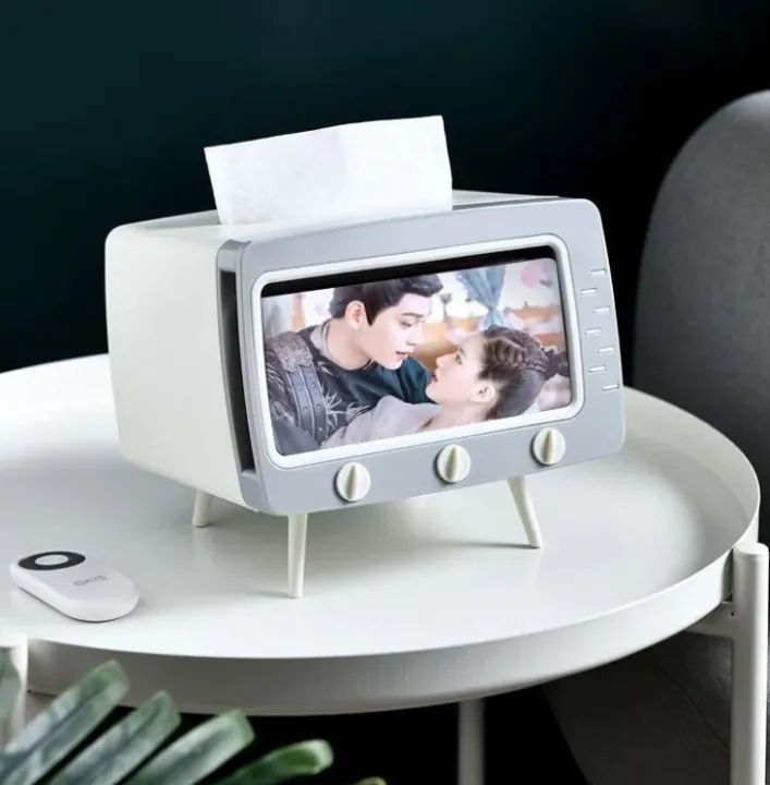 2-in-1 TV Shape Tissue Box with Mobile Holder | Creative Desktop Tissue Organizer | Plastic Tissue Box Cover for Living Room, Bedroom & Bathroom