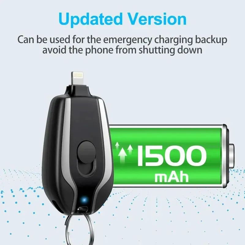 Keychain Portable Charger 1500mAh | Emergency Mini Power Bank with Retractable Plug | Fast Charging Pocket Backup Battery for iPhone & Type-C Devices