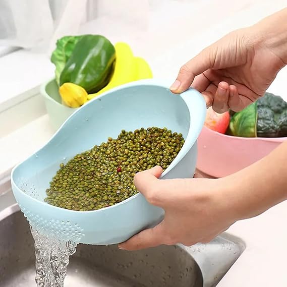 1PC Plastic Drain Basket & Rice Washing Bowl | Multi-Functional Kitchen Strainer Bowl for Fruits, Vegetables, and Salad | Double-Layer Water Draining Basket with Handle