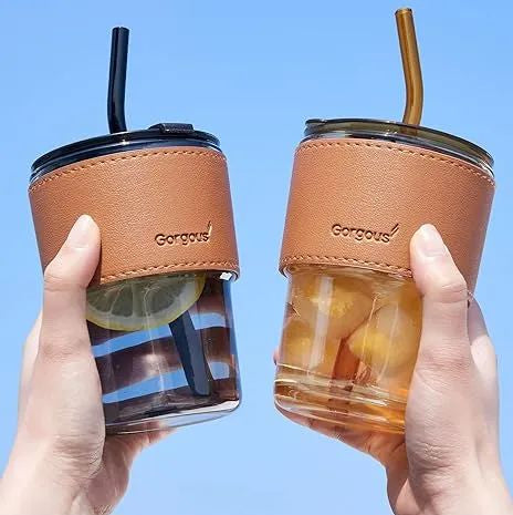 Glass Tumbler Mug with Lid & Straw | Reusable Ribbed Glass Drinking Cup with Protective Sleeve | Iced Coffee & Juice Glass Cup (450 ml)