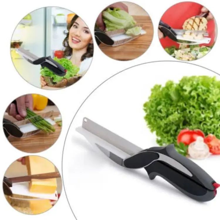 2-in-1 Clever Cutter Kitchen Tool | Multi-Function Scissor Style Cutter & Food Chopper | Stainless Steel Knife and Cutting Board Design for Vegetables, Meat & Salad Prep
