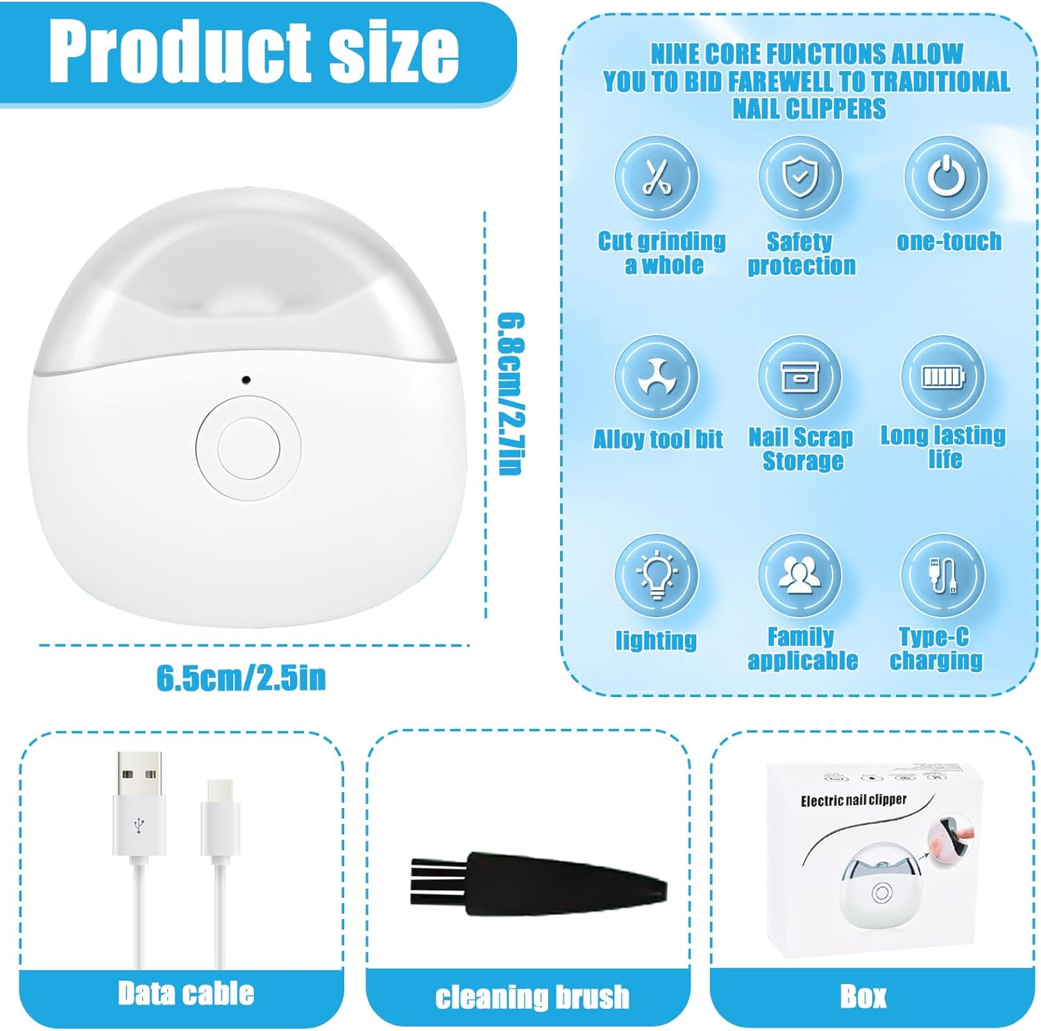 Electric Automatic Nail Clipper | USB Rechargeable Nail Trimmer with Built-in Light & Nail Scrap Catcher | Portable Electric Nail File Machine for Baby, Kids, Adults & Seniors | Safe Manicure Grooming Tool