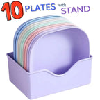 Square Plastic Plate Set (10 Pcs) with Stand | Reusable Lightweight Snack & Breakfast Plates | Multi-Color Unbreakable Kitchen Tableware for Home, Picnic & Parties