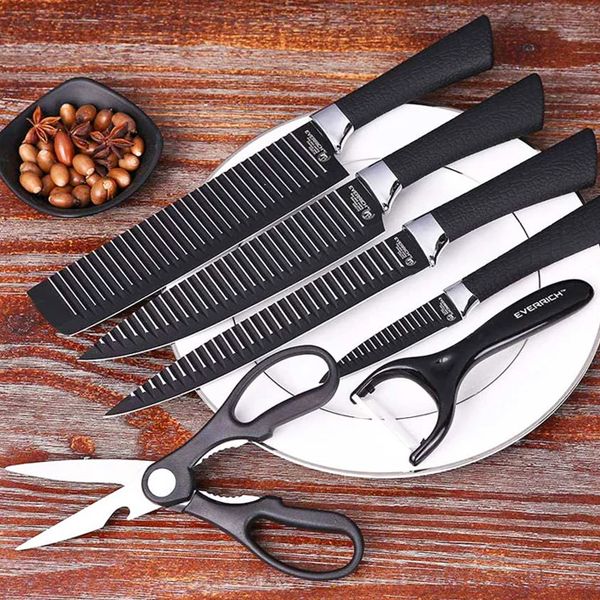 6-Piece Kitchen Knife Set with Peeler & Scissors | Professional Stainless Steel Chef Knives with Non-Stick Coating | Multi-Purpose Cooking Knife Set for Slicing, Chopping & Food Prep