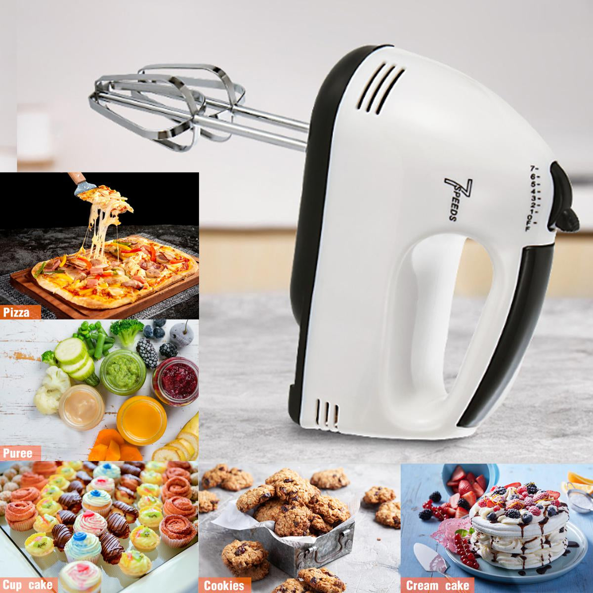 Electric Hand Mixer 7-Speed Egg Beater Machine | Handheld Cake & Cream Blender | Kitchen Baking Mixer with Stainless Steel Whisks for Home Use