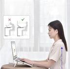 Aluminium Adjustable Laptop Stand with Detachable Fan | 7-Gear Height Laptop Riser | Foldable Portable Notebook Holder with Anti-Slip Grip & Ventilated Metal Body