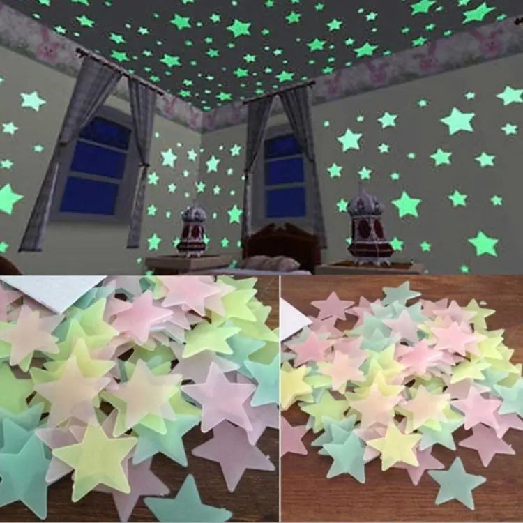 Pack of 100 Glow in the Dark 3D Stars | Luminous Fluorescent Wall Stickers for Kids Room, Bedroom Ceiling & Nursery Decoration