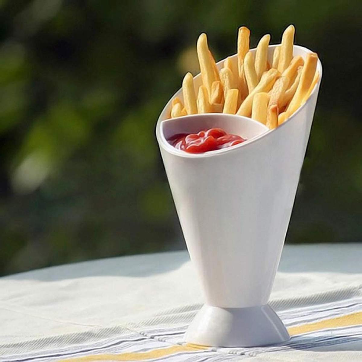 French Fries & Snack Holder with Dipping Cup | Reusable Fries Cone Cup with Sauce Container | Portable Snack Serving Cup for Parties, Kitchen & Table Use