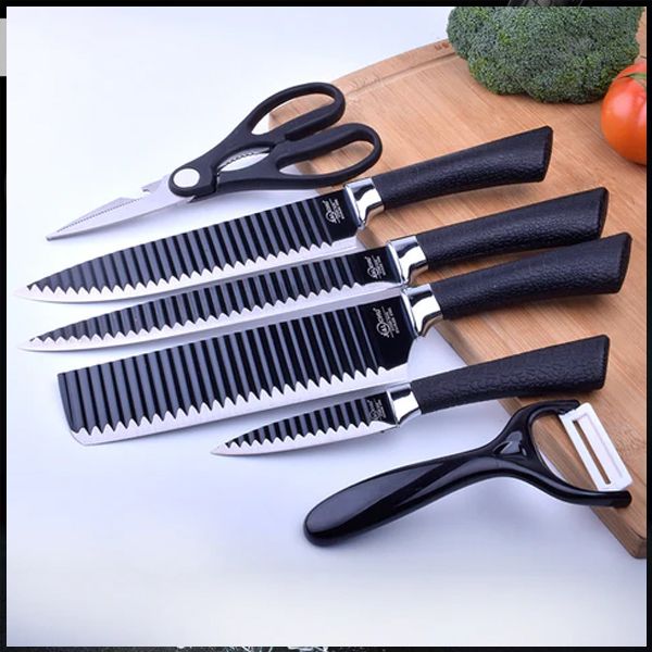 6-Piece Kitchen Knife Set with Peeler & Scissors | Professional Stainless Steel Chef Knives with Non-Stick Coating | Multi-Purpose Cooking Knife Set for Slicing, Chopping & Food Prep