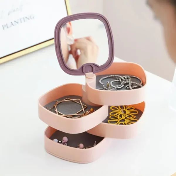 4-Layer 360° Rotating Jewelry Organizer Box with Mirror | Multi-Layer Portable Jewelry Storage Case for Rings, Earrings, Bracelets & Necklaces – Travel Vanity Box