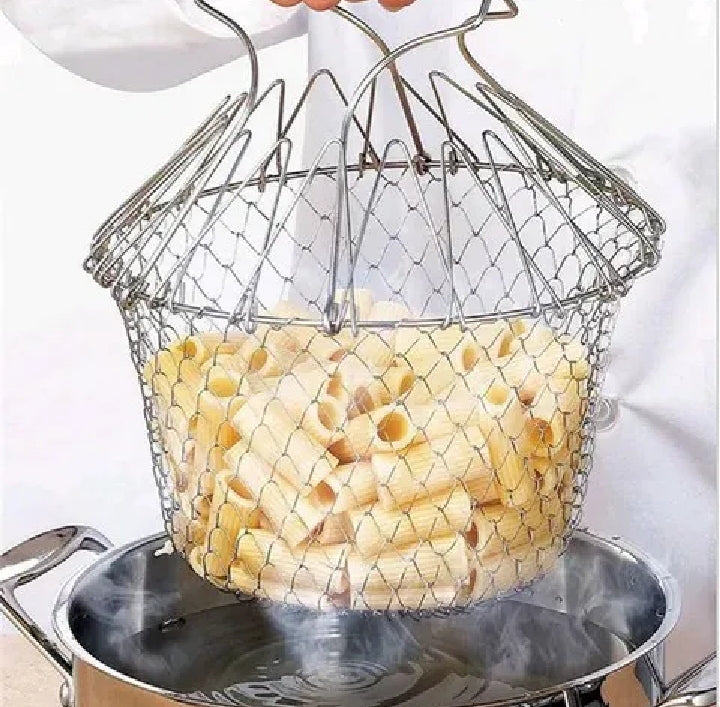 Stainless Steel Foldable Chef Frying Basket | Multipurpose Cooking Basket for Deep Frying, Boiling, Draining & Steaming | 12-in-1 Kitchen Mesh Basket Tool
