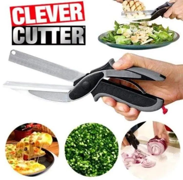2-in-1 Clever Cutter Kitchen Tool | Multi-Function Scissor Style Cutter & Food Chopper | Stainless Steel Knife and Cutting Board Design for Vegetables, Meat & Salad Prep