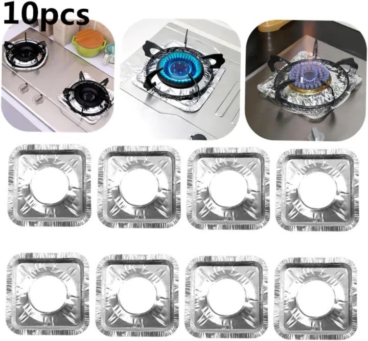 10 Pcs Aluminum Foil Stove Burner Covers – Gas Stove Protectors & Heat-Resistant Foil Burner Liners for Clean Stove Tops | Disposable Drip Pans for Kitchen Cleaning