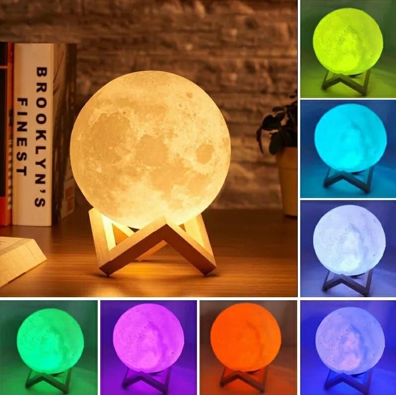 16-Color LED Moon Lamp 12cm – USB Rechargeable 3D Moon Night Light with Stand & Remote | Touch Sensor Bedside Lamp for Bedroom & Home Décor