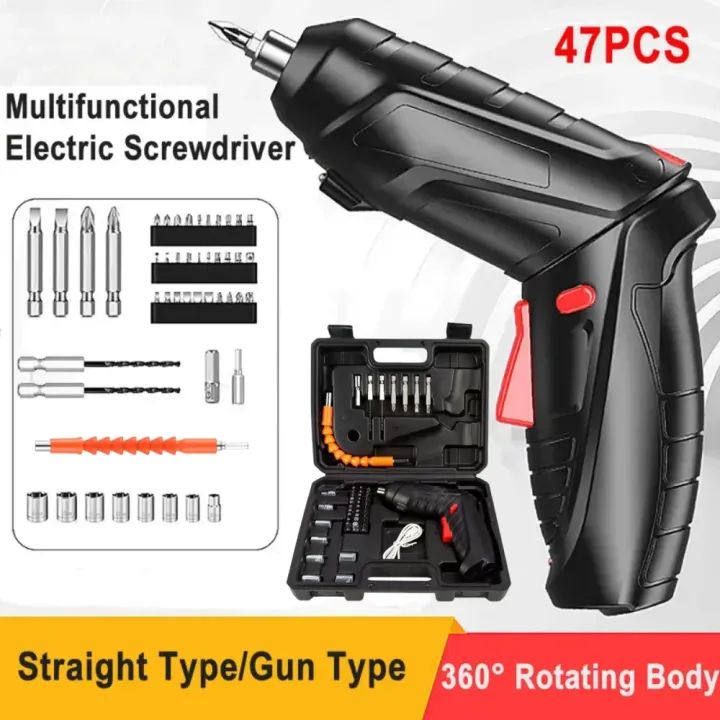 Portable Cordless Electric Screwdriver 47-in-1 Set – Rechargeable USB Power Screwdriver with LED Light | Rotating Straight & Gun Type Design for Home, Office & DIY Repairs