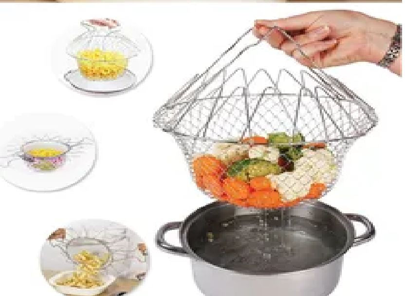 Stainless Steel Foldable Chef Frying Basket | Multipurpose Cooking Basket for Deep Frying, Boiling, Draining & Steaming | 12-in-1 Kitchen Mesh Basket Tool