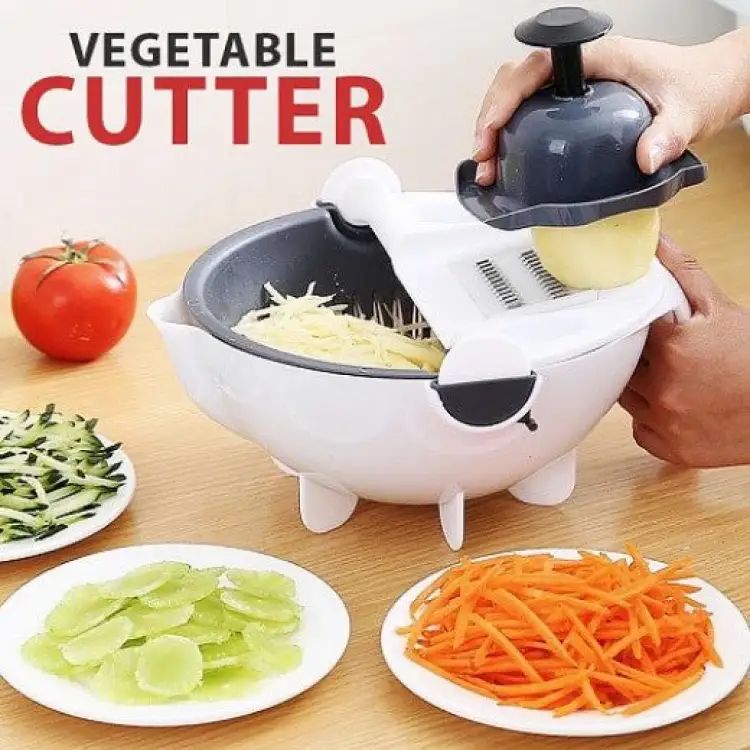 Multifunction Wet Basket Vegetable Cutter & Slicer | Rotatable Food Chopper with Drain Basket | Manual Kitchen Vegetable Shredder & Salad Maker Bowl