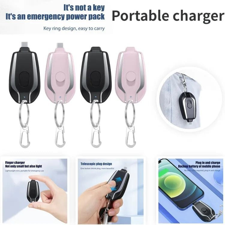 Keychain Portable Charger 1500mAh | Emergency Mini Power Bank with Retractable Plug | Fast Charging Pocket Backup Battery for iPhone & Type-C Devices