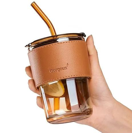 Glass Tumbler Mug with Lid & Straw | Reusable Ribbed Glass Drinking Cup with Protective Sleeve | Iced Coffee & Juice Glass Cup (450 ml)