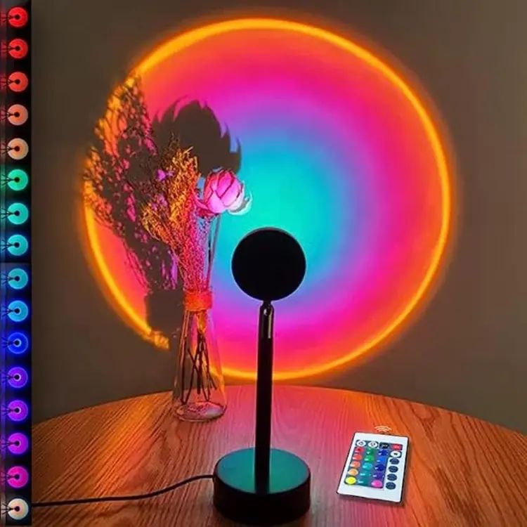 Remote Control RGB Sunset Lamp Projector | 16-Color Changing LED Sunset Projection Light | USB Mood & Ambient Lamp for Photoshoot, Room Decor & Mobile Photography