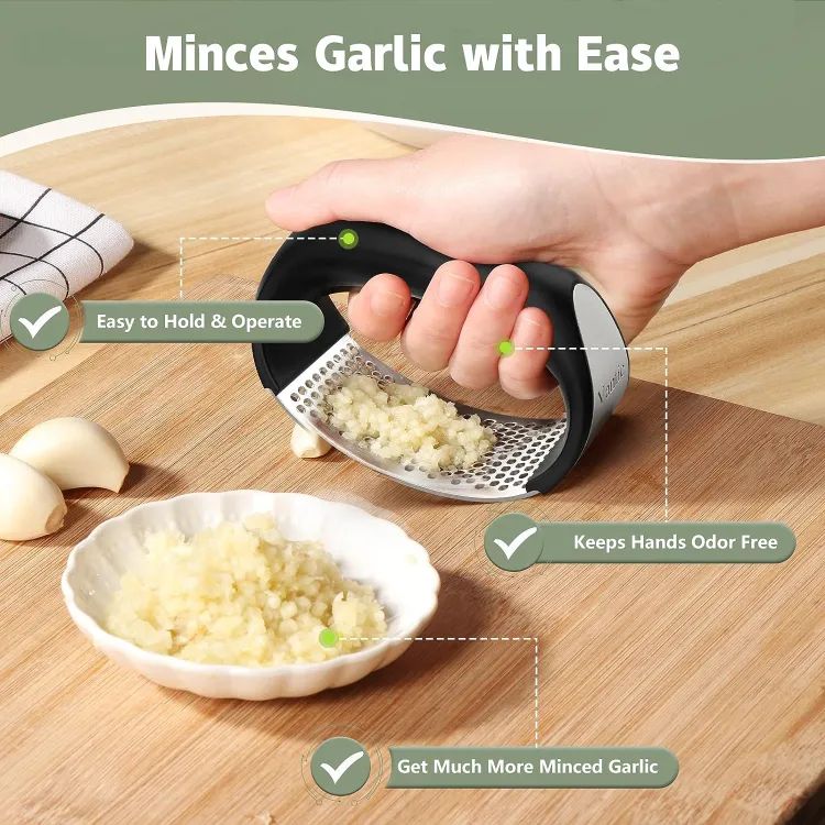 Stainless Steel Garlic Press Crusher | Manual Rocking Garlic Mincer & Ginger Chopper | Handheld Garlic Crusher Tool for Easy Kitchen Cooking