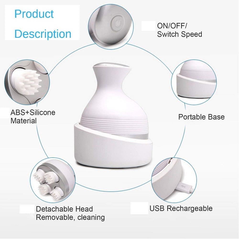 Rechargeable Electric Scalp Massager with 4 Heads – USB Handheld Head Massager for Stress Relief, Hair Care & Relaxation | Portable Multi-Mode Massage Brush for Home Use