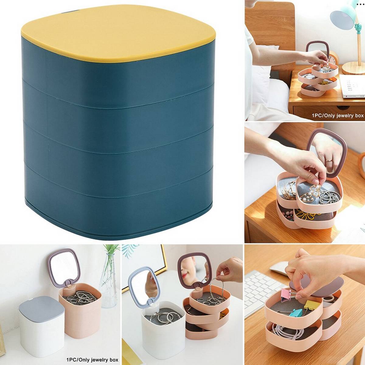4-Layer 360° Rotating Jewelry Organizer Box with Mirror | Multi-Layer Portable Jewelry Storage Case for Rings, Earrings, Bracelets & Necklaces – Travel Vanity Box