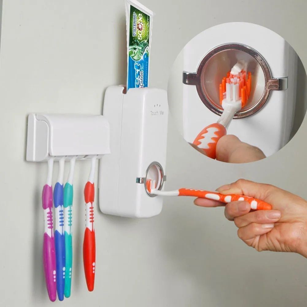 Automatic Toothpaste Dispenser with Wall Mounted 5-Brush Holder Set | Hands-Free Toothpaste Pump & Family Toothbrush Organizer for Bathroom Storage