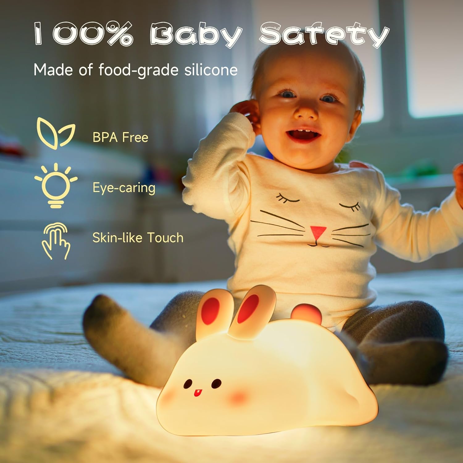 Silicone Bunny Night Light for Kids | Cute Rabbit Touch Sensor Night Lamp | Soft Glow Rechargeable LED Nursery Light