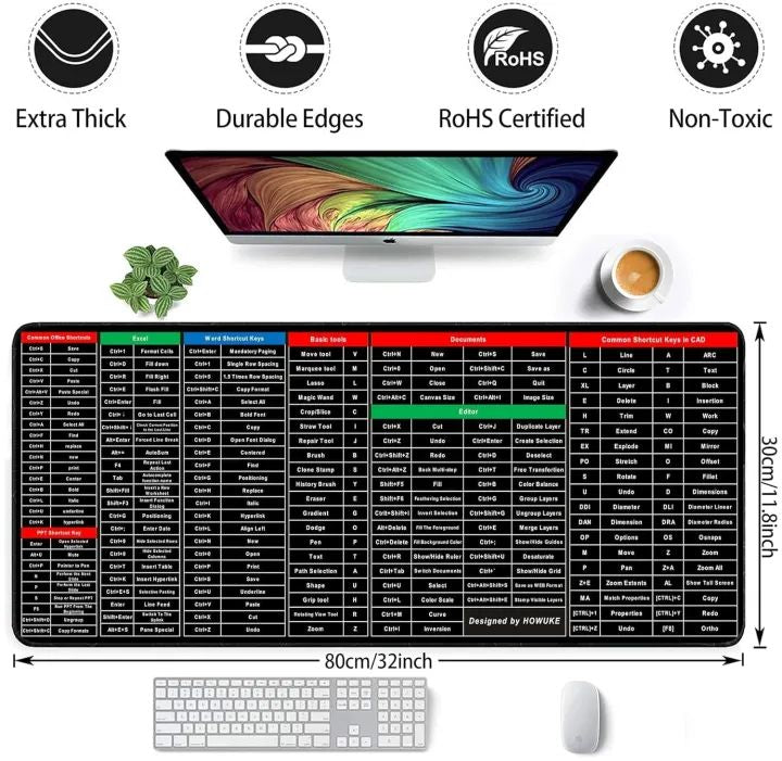 Keyboard Shortcut Mouse Pad | Office Excel Word PPT Cheat Sheet Mat | Large Anti-Slip Desk Pad with Quick Shortcut Keys for Computer & Laptop Use (30×11.8 inch)