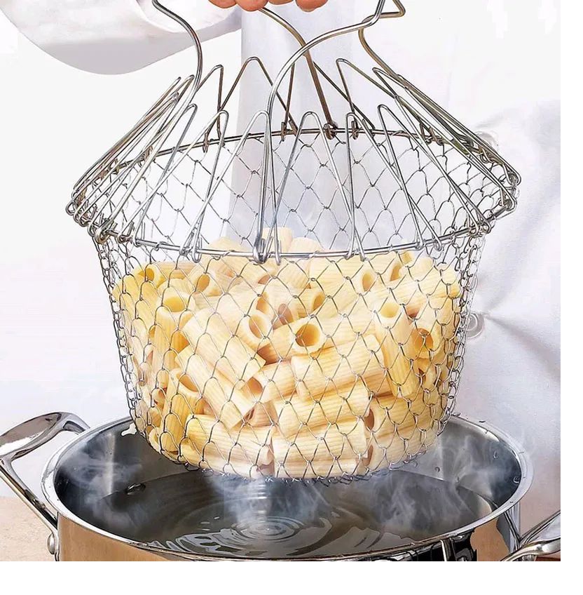 Stainless Steel Foldable Chef Frying Basket | Multipurpose Cooking Basket for Deep Frying, Boiling, Draining & Steaming | 12-in-1 Kitchen Mesh Basket Tool