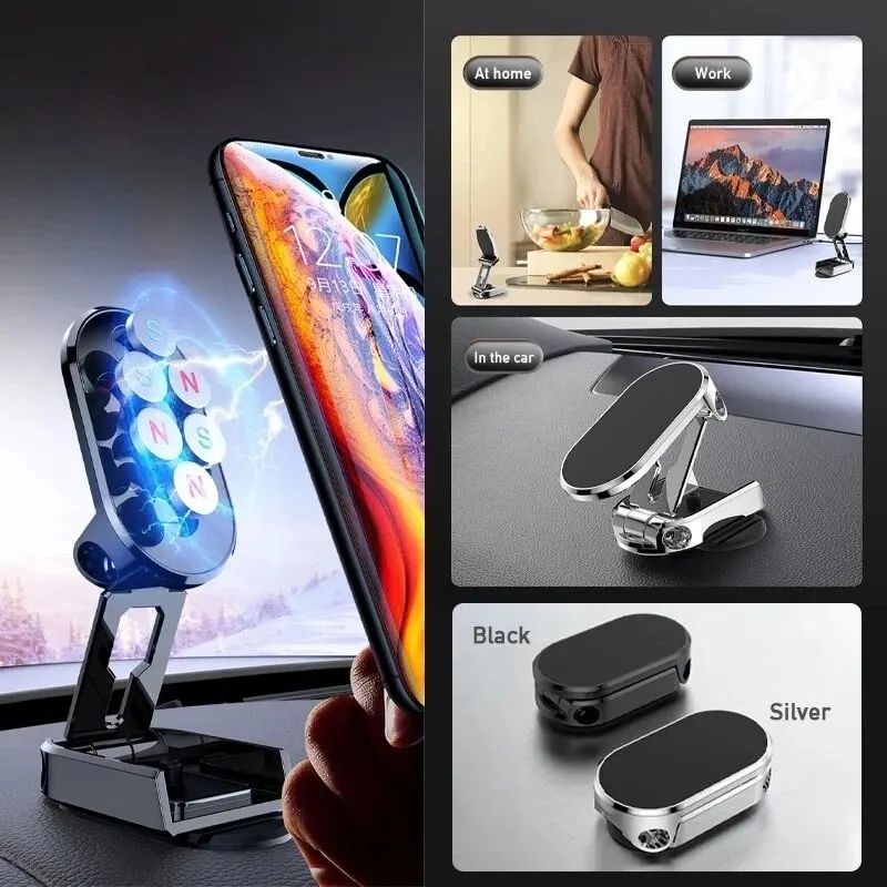Magnetic Car Phone Holder | 360° Rotating Folding Car Mobile Mount Stand | Telescopic Dashboard Magnetic Phone Bracket for GPS, iPhone & Smartphones