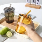 Glass Tumbler Mug with Lid & Straw | Reusable Ribbed Glass Drinking Cup with Protective Sleeve | Iced Coffee & Juice Glass Cup (450 ml)