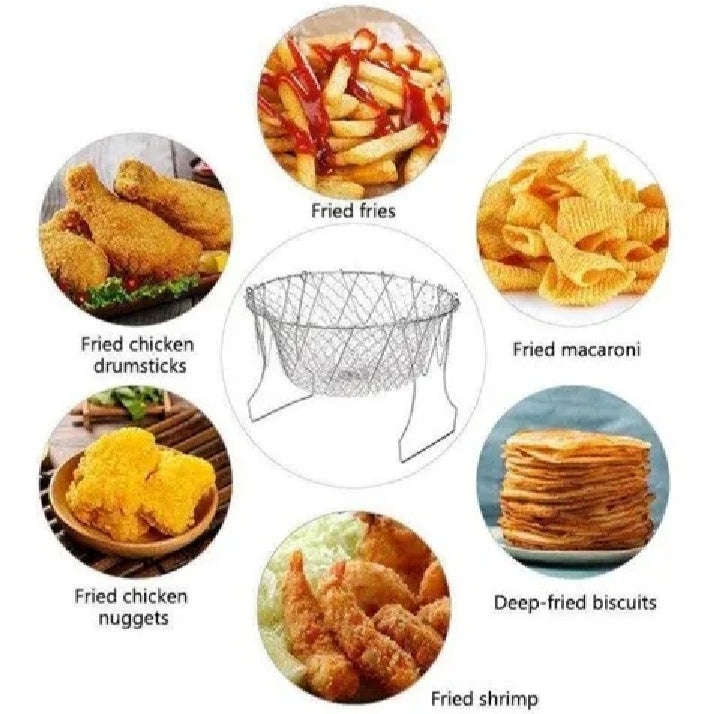 Stainless Steel Foldable Chef Frying Basket | Multipurpose Cooking Basket for Deep Frying, Boiling, Draining & Steaming | 12-in-1 Kitchen Mesh Basket Tool