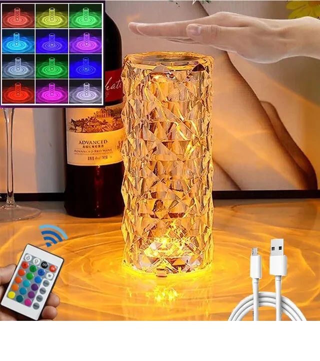 Crystal LED Table Lamp – 16-Color RGB Rose Diamond Lamp with Remote & Touch Control | USB Rechargeable Mood Light for Home Decoration & Gifts