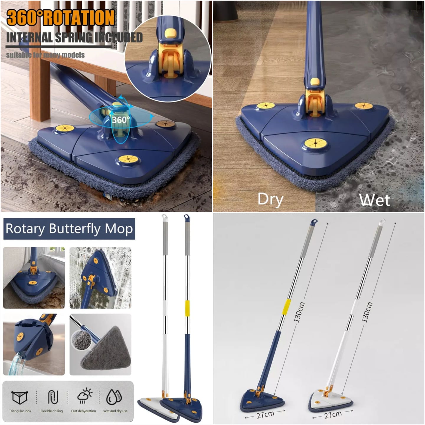 360° Twist Triangle Mop | Multi-Purpose Microfiber Floor & Glass Cleaning Mop with Adjustable Long Handle | Corner, Wall & Window Cleaning Tool for Home