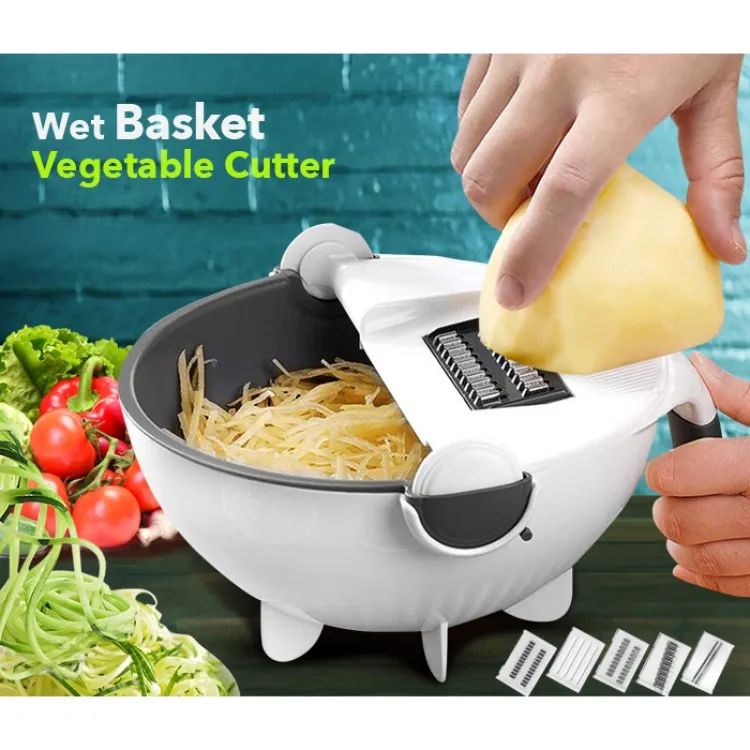 Multifunction Wet Basket Vegetable Cutter & Slicer | Rotatable Food Chopper with Drain Basket | Manual Kitchen Vegetable Shredder & Salad Maker Bowl
