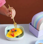 Square Plastic Plate Set (10 Pcs) with Stand | Reusable Lightweight Snack & Breakfast Plates | Multi-Color Unbreakable Kitchen Tableware for Home, Picnic & Parties