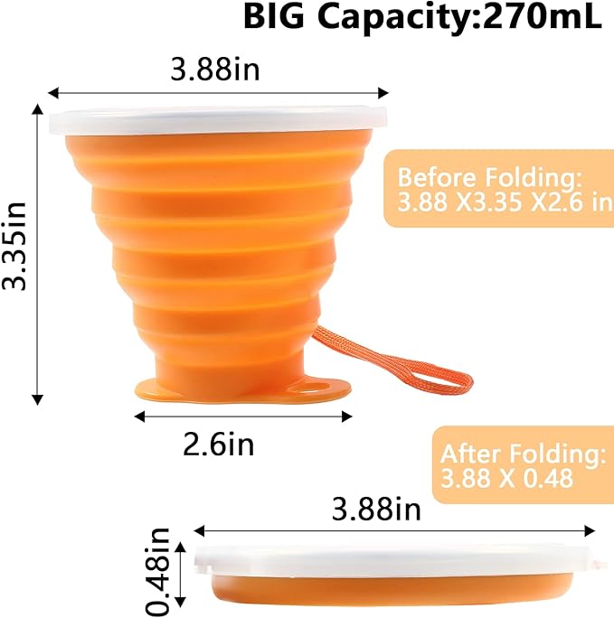 Silicone Foldable Cup 270ml | Portable Collapsible Travel Glass for Outdoor, Office & Home | Reusable Pocket-Size Drinking Cup for Camping, Hiking & Daily Use | Eco-Friendly Foldable Mug with Lid