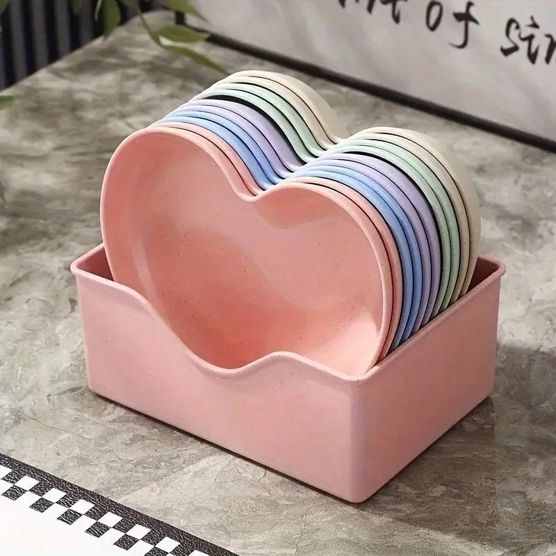 10 Pcs Heart-Shaped Snack Plates Set | Colorful Plastic Serving Dishes for Snacks, Fruits, Desserts & Sweets | Reusable Lightweight Tableware for Home, Kitchen & Party Use