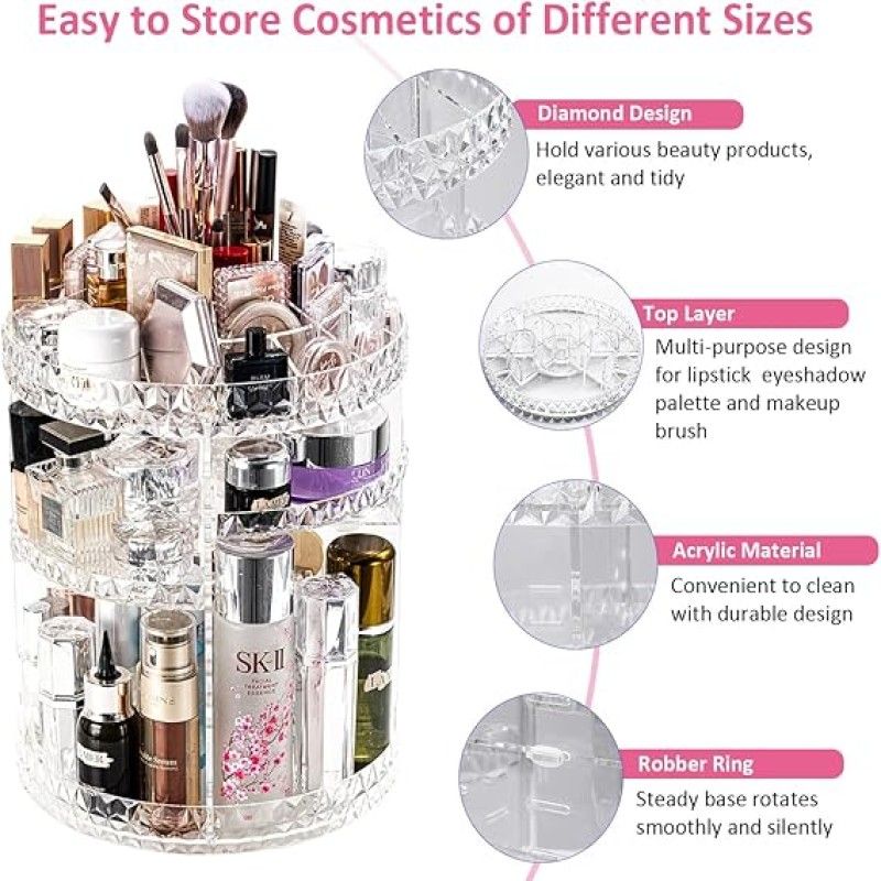 360° Rotating Makeup Organizer | Clear Acrylic Rotating Cosmetic Organizer | Multi-Tier Vanity Makeup Storage & Display Stand