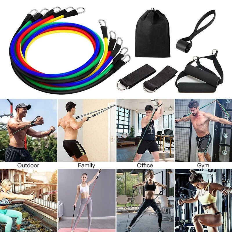 11 PCS Resistance Band Set – Power Exercise Fitness Bands with Elastic Tubes, Handles, Door Anchor & Ankle Straps | Home Gym Workout & Stretch Bands for Men and Women