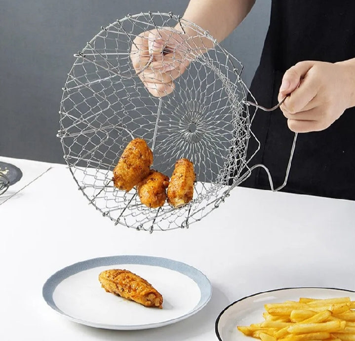 Stainless Steel Foldable Chef Frying Basket | Multipurpose Cooking Basket for Deep Frying, Boiling, Draining & Steaming | 12-in-1 Kitchen Mesh Basket Tool