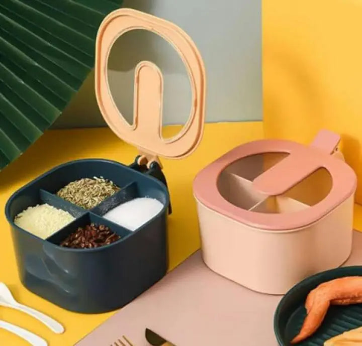 4 in 1 Partition Kitchen Seasoning Box | Multipurpose Masala Box Set with 4 Compartments | Airtight Spice Jar Container with Spoons & Lid for Salt, Achar, Dry Fruits & Kitchen Storage