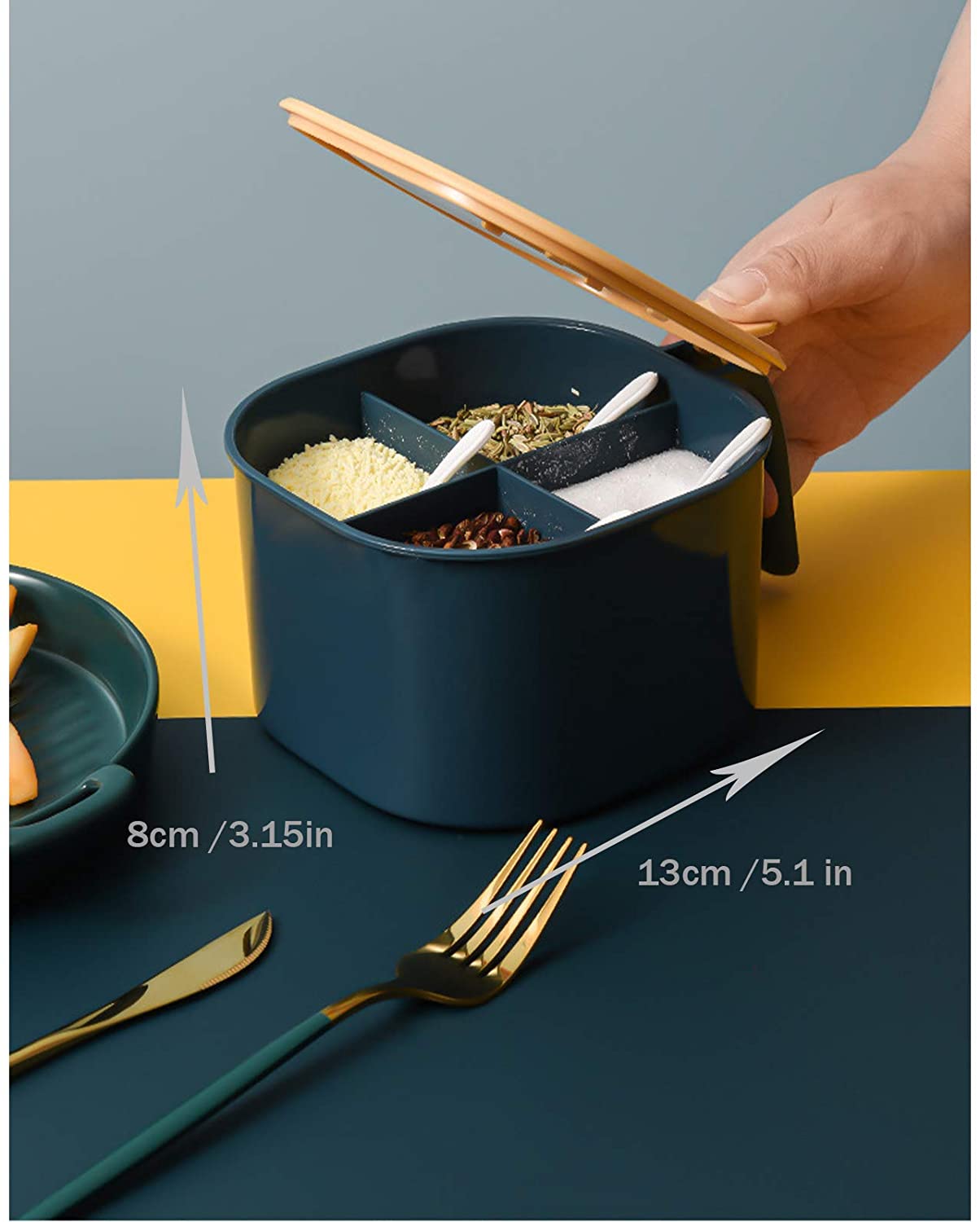 4 in 1 Partition Kitchen Seasoning Box | Multipurpose Masala Box Set with 4 Compartments | Airtight Spice Jar Container with Spoons & Lid for Salt, Achar, Dry Fruits & Kitchen Storage