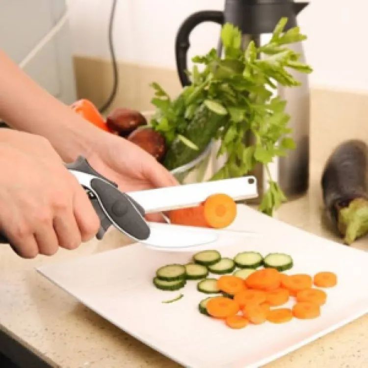 2-in-1 Clever Cutter Kitchen Tool | Multi-Function Scissor Style Cutter & Food Chopper | Stainless Steel Knife and Cutting Board Design for Vegetables, Meat & Salad Prep