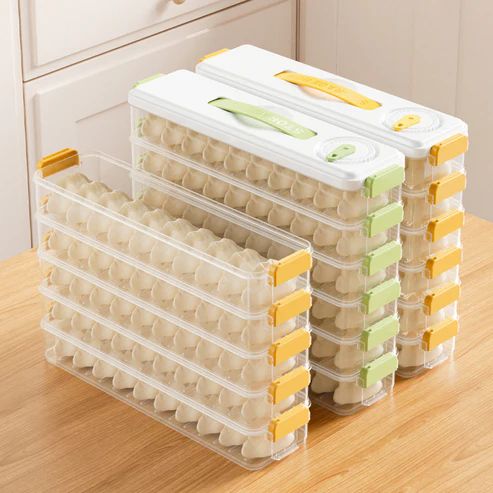 3-Layer Dumpling Storage Box | Stackable Freezer Organizer Container with Lid | Plastic Kitchen Food Keeper for Frozen Dumplings, Momos & Snacks