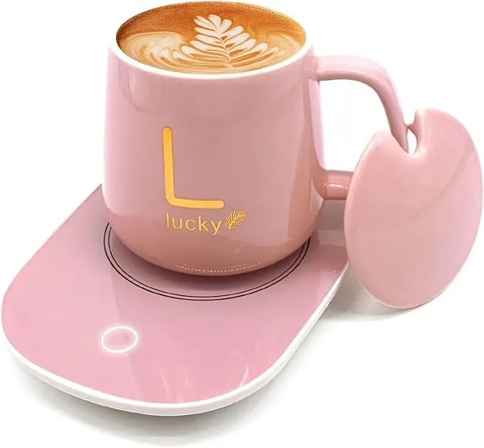 Electric Coffee Mug Warmer Gift Set – 55°C Constant Temperature Coaster with Ceramic Mug, Lid & Spoon | USB Desk Cup Heating Pad for Coffee, Tea & Milk