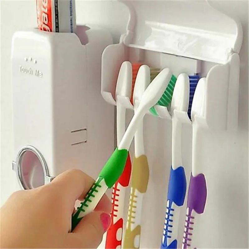 Automatic Toothpaste Dispenser with Wall Mounted 5-Brush Holder Set | Hands-Free Toothpaste Pump & Family Toothbrush Organizer for Bathroom Storage